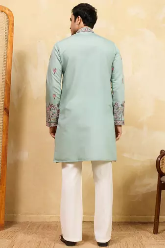 Pistachio viscose silk thread & sequence embroidered work kurta with dupatta