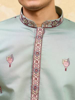 Pistachio viscose silk thread & sequence embroidered work kurta with dupatta 5