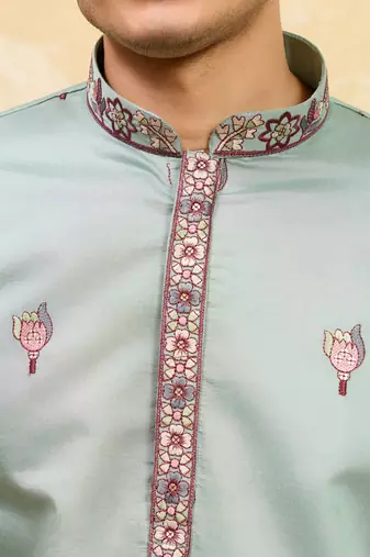 Pistachio viscose silk thread & sequence embroidered work kurta with dupatta