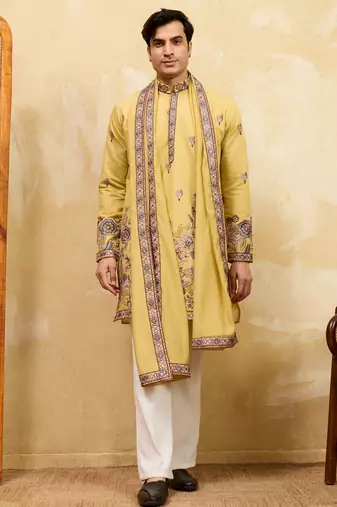 Yellow viscose silk thread & sequence embroidered work kurta with dupatta