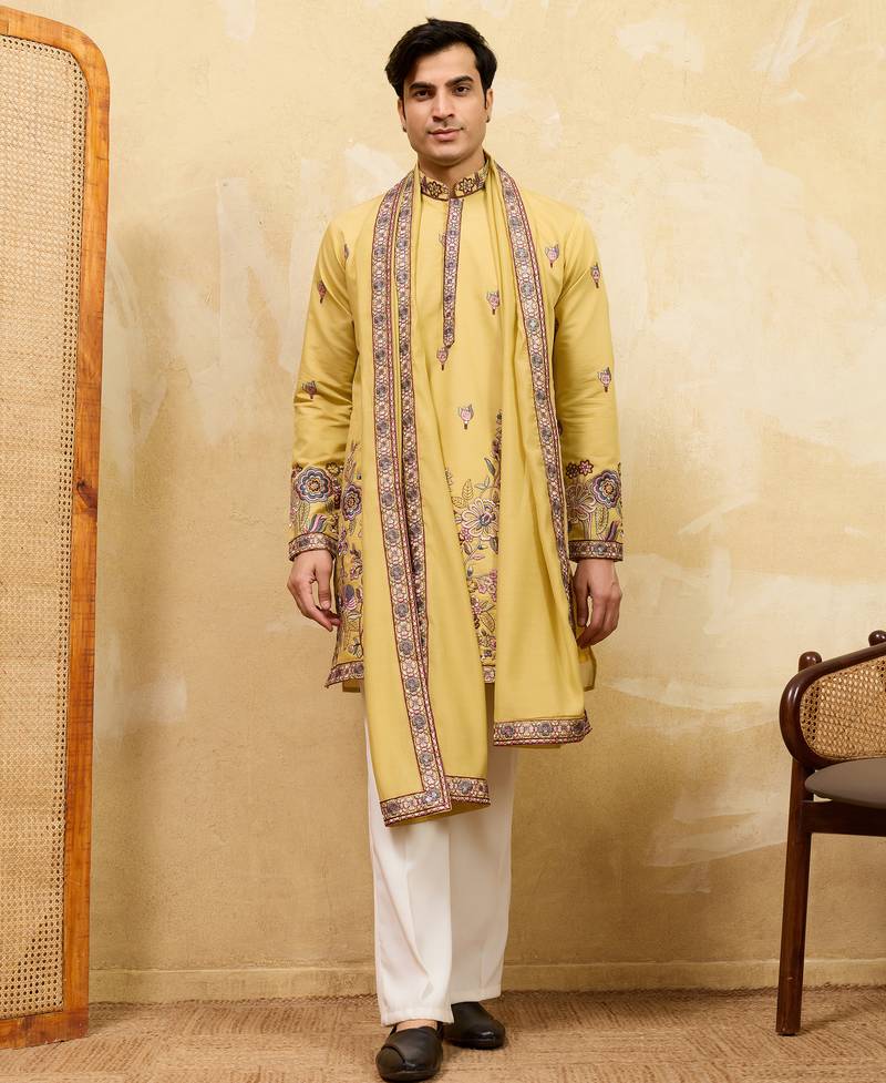 Yellow viscose silk thread & sequence embroidered work kurta with dupatta