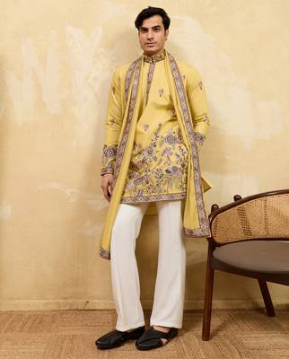 Yellow viscose silk thread & sequence embroidered work kurta with dupatta 2