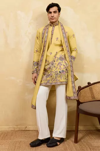 Yellow viscose silk thread & sequence embroidered work kurta with dupatta