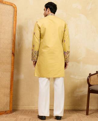 Yellow viscose silk thread & sequence embroidered work kurta with dupatta 3