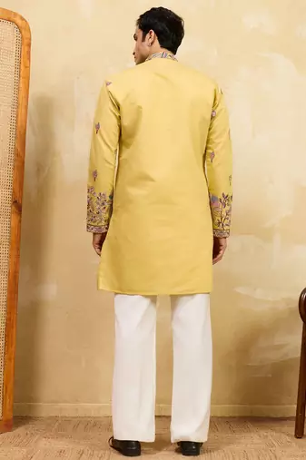 Yellow viscose silk thread & sequence embroidered work kurta with dupatta