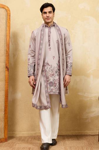 Ivory viscose silk thread & sequence embroidered work kurta with dupatta