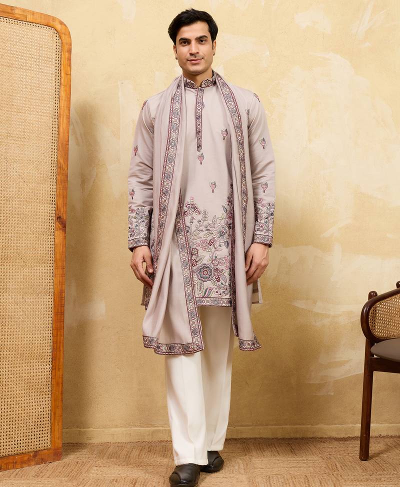 Ivory viscose silk thread & sequence embroidered work kurta with dupatta