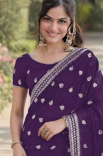 Purple georgette embroidery saree with unstitched blouse piece