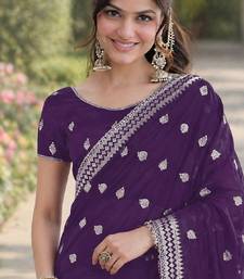 Purple georgette embroidery saree with unstitched blouse piece