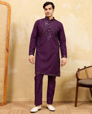 Purple viscose silk real mirror with multi thread embroidered work kurta 1