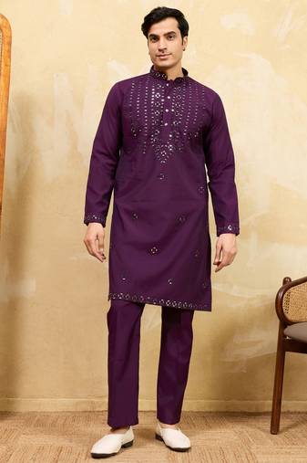 Purple viscose silk real mirror with multi thread embroidered work kurta