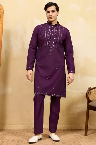 Purple viscose silk real mirror with multi thread embroidered work kurta