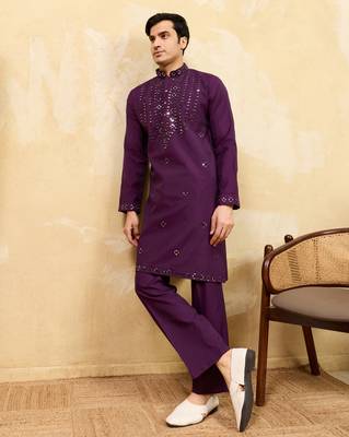 Purple viscose silk real mirror with multi thread embroidered work kurta 2