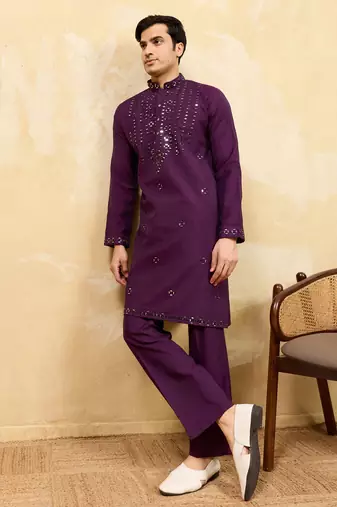 Purple viscose silk real mirror with multi thread embroidered work kurta