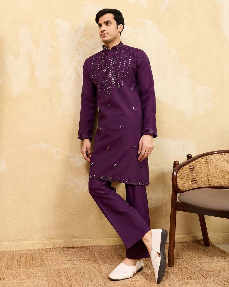 Purple viscose silk real mirror with multi thread embroidered work kurta