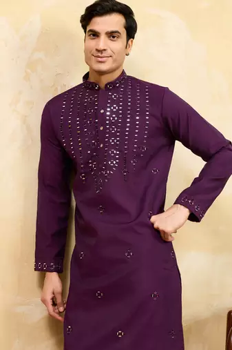 Purple viscose silk real mirror with multi thread embroidered work kurta