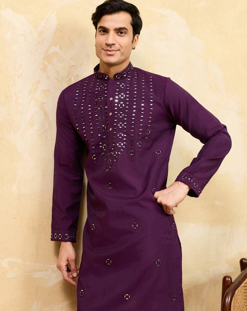 Purple viscose silk real mirror with multi thread embroidered work kurta