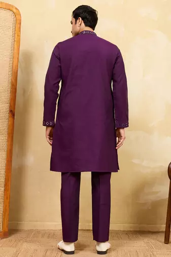 Purple viscose silk real mirror with multi thread embroidered work kurta
