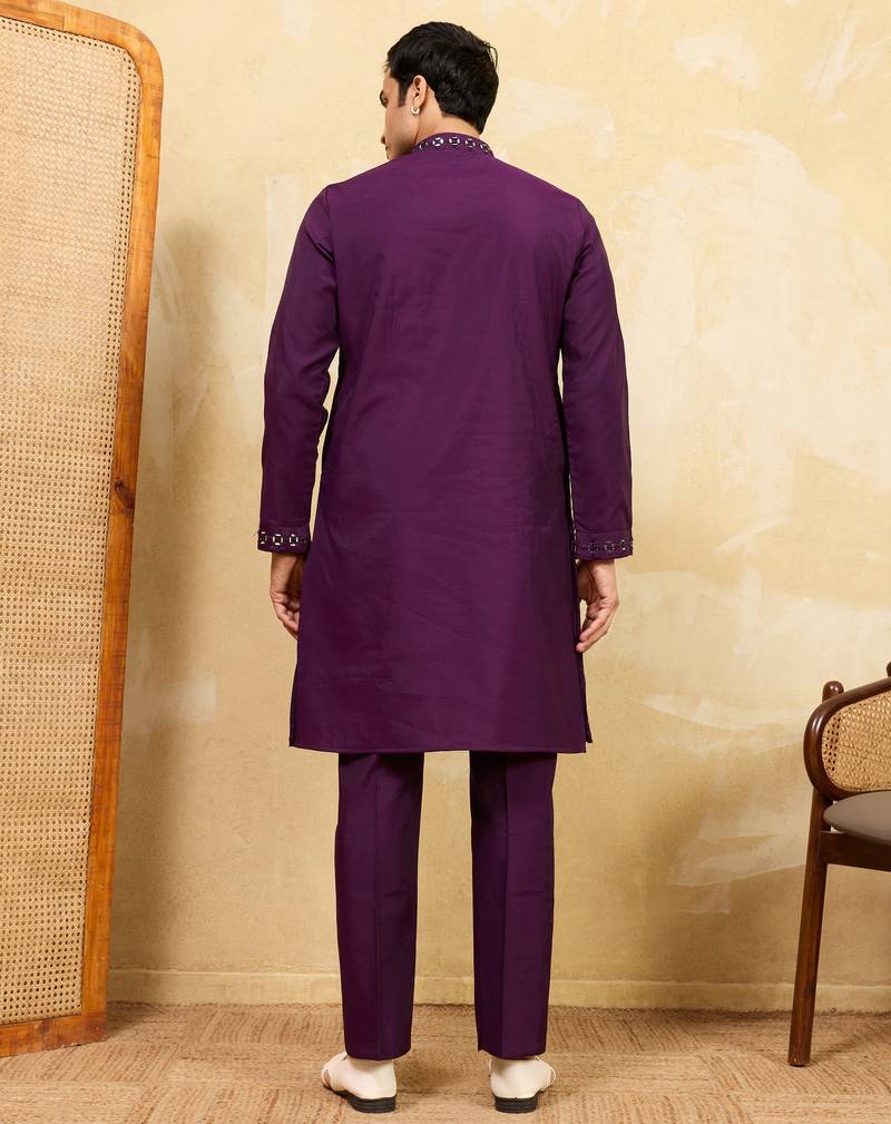 Purple viscose silk real mirror with multi thread embroidered work kurta