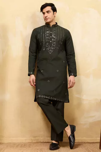 Green viscose silk real mirror with multi thread embroidered work kurta