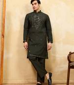 Green viscose silk real mirror with multi thread embroidered work kurta