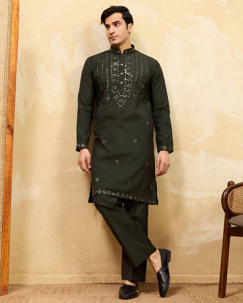 Green viscose silk real mirror with multi thread embroidered work kurta