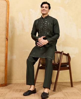 Green viscose silk real mirror with multi thread embroidered work kurta 2