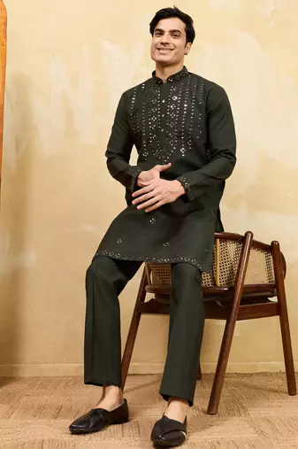 Green viscose silk real mirror with multi thread embroidered work kurta