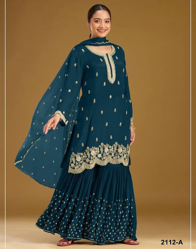 Teal georgette semi stitched wedding suits