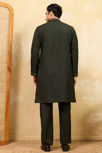 Green viscose silk real mirror with multi thread embroidered work kurta
