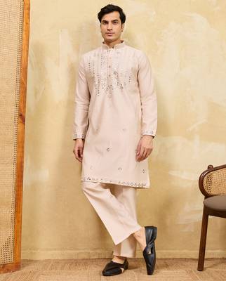 Beige viscose silk real mirror with multi thread embroidered work kurta 1