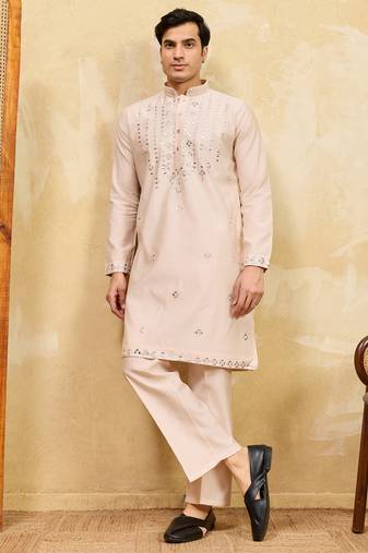 Beige viscose silk real mirror with multi thread embroidered work kurta