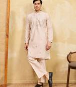 Beige viscose silk real mirror with multi thread embroidered work kurta