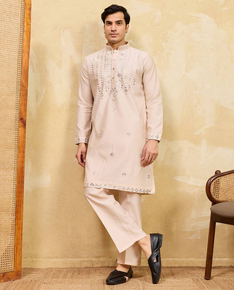 Beige viscose silk real mirror with multi thread embroidered work kurta