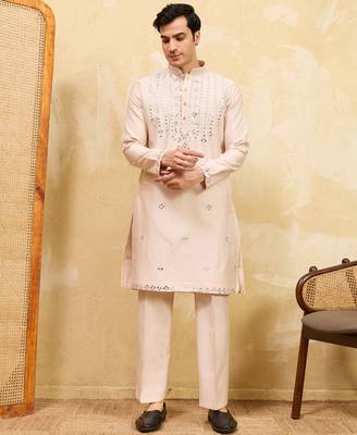 Beige viscose silk real mirror with multi thread embroidered work kurta 2