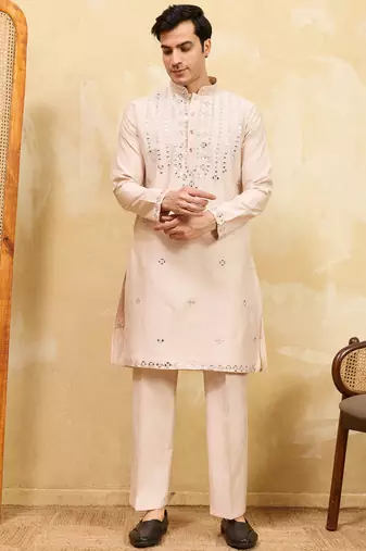 Beige viscose silk real mirror with multi thread embroidered work kurta