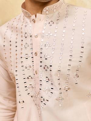 Beige viscose silk real mirror with multi thread embroidered work kurta 3