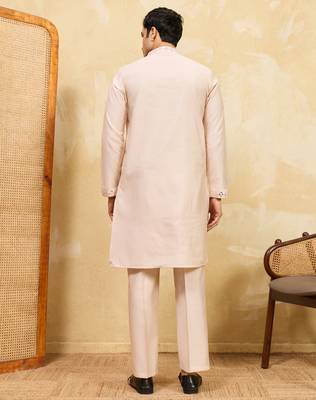 Beige viscose silk real mirror with multi thread embroidered work kurta 4