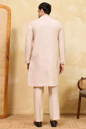 Beige viscose silk real mirror with multi thread embroidered work kurta