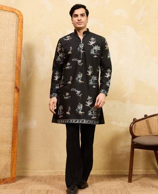 Black viscose silk multi thread & sequence embroidered work kurta 1