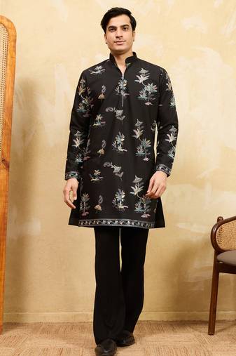 Black viscose silk multi thread & sequence embroidered work kurta