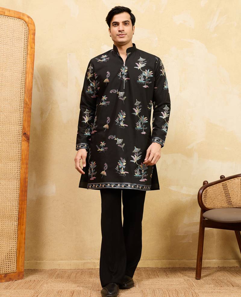 Black viscose silk multi thread & sequence embroidered work kurta