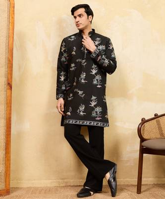 Black viscose silk multi thread & sequence embroidered work kurta 2