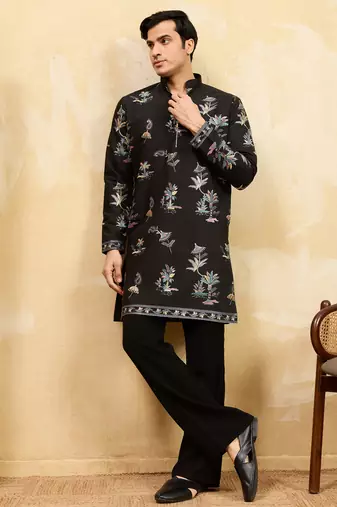 Black viscose silk multi thread & sequence embroidered work kurta