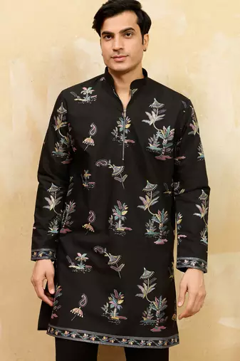 Black viscose silk multi thread & sequence embroidered work kurta
