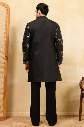 Black viscose silk multi thread & sequence embroidered work kurta