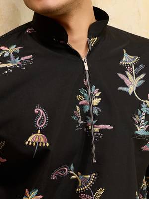 Black viscose silk multi thread & sequence embroidered work kurta 5