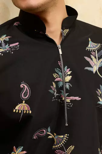 Black viscose silk multi thread & sequence embroidered work kurta