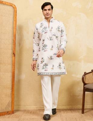 White viscose silk multi thread & sequence embroidered work kurta 1