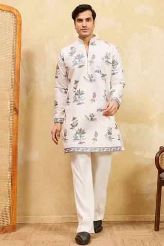 White viscose silk multi thread & sequence embroidered work kurta